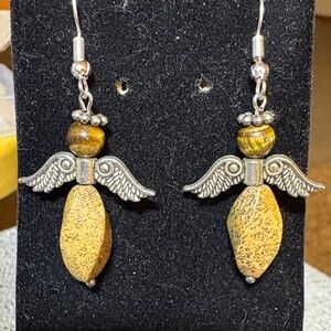 Hand Crafted Golden Yellow Jasper and Tigers Eye Angel Wing Drop Earrings